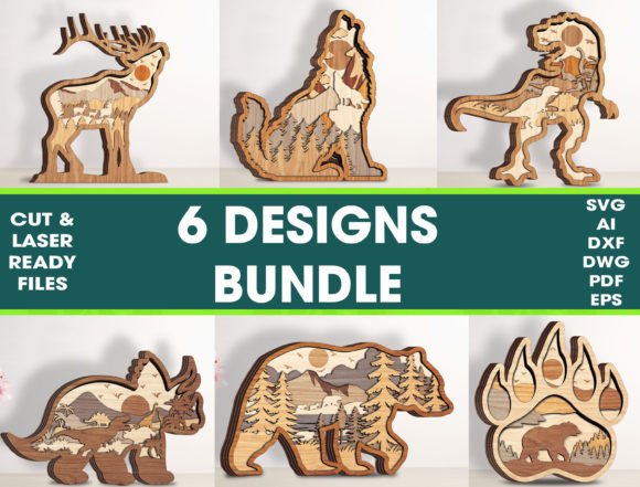 Bundle 6 Design Layered Animal Cut File: Stunning 3D Laser Art